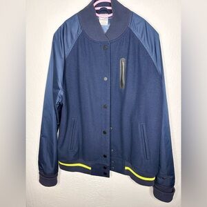 Nike Sportswear Women’s Varsity Jacket XL Navy Blue Neon Wool Blend Snap Pockets